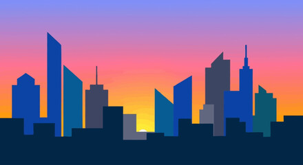 Fototapeta premium Modern city skyline silhouette against colorful gradient sky at sunrise