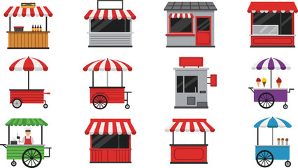 Cute Cartoon Street Food Carts Collection Various Kiosks Vendors Ice Cream Coffee Flat Illustration for Summer Festival Designs, Urban Market Clipart, Food Truck Graphics, and Vector Collections © Fahim