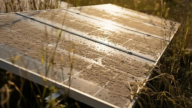 Sunlit solar panels covered in dust, surrounded by tall grass in a natural setting