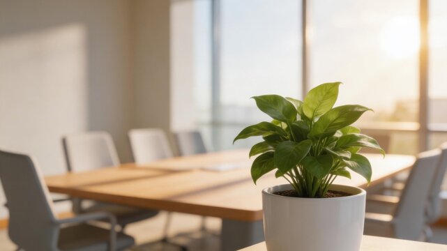 Meeting Room Serenity: Sunlight streams into a modern meeting room, illuminating a vibrant green plant placed on a table.