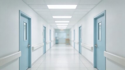 Hospital Corridor: A bright and sterile hospital corridor, featuring a row of closed blue doors, exudes a sense of calm and order, creating a backdrop for the daily routines of care and recovery.