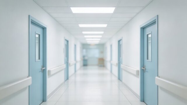Hospital Corridor: A bright and sterile hospital corridor, featuring a row of closed blue doors, exudes a sense of calm and order, creating a backdrop for the daily routines of care and recovery.