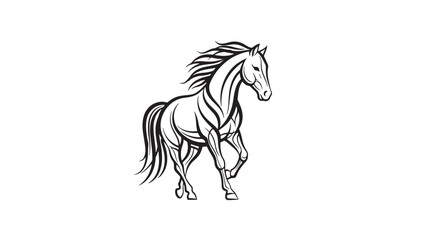Horse running with flowing mane and tail in a dynamic, stylized black and white illustration with flowing lines © Harry 