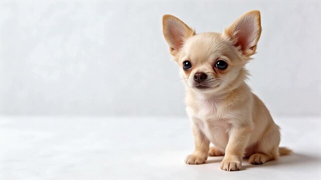 Adorable cream-colored Chihuahua puppy sitting on white background, big expressive eyes, studio portrait, high-resolution pet photography for commercial use