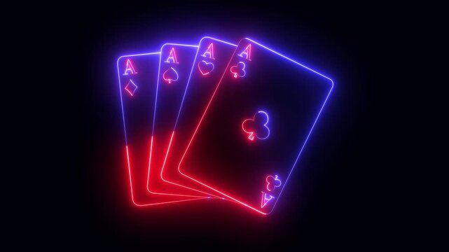 glowing neon playing card icon isolated on black background. Gambling game. Four playing cards fanned with aces of spades, hearts, diamonds, and clubs. 4k video animation.