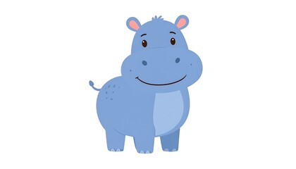 Fototapeta premium A friendly cartoon hippopotamus, rendered in a cheerful blue hue, stands smiling on a blank white background. Its features are simplified, creating a playful, inviting design
