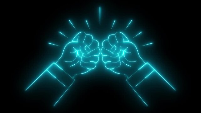 Glowing neon hand sign of a Two fists bumping icon isolated on black background. two fists depicting a fist bump for teamwork and friendship. hands agreement together partnership celebration concept.