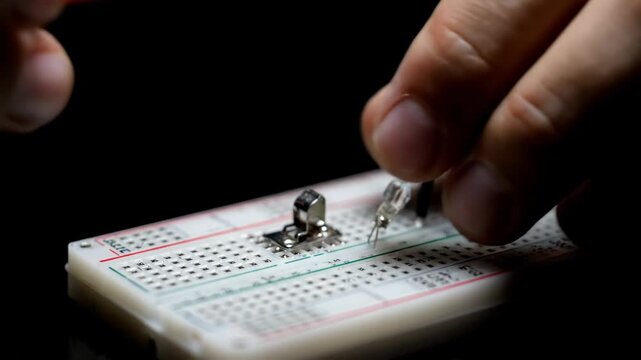 Close up of hands assembling electronic components on a breadboard for circuit prototyping in a dark lab