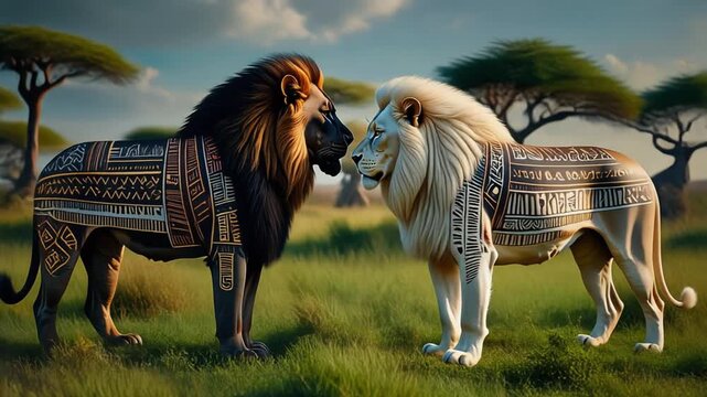 Lions with circuit board patterns standing.