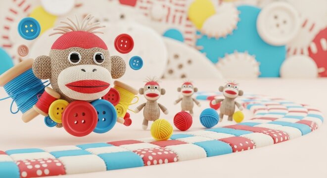 Charming Sock Monkey Day photo with toys, yarn, and buttons