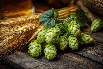 Naklejka premium Exploring the vibrant texture of green hop cones nestled alongside ripe golden wheat in early harvest season Generative AI