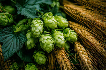 Naklejka premium Beauty of nature revealed in a close-up of vibrant green hop cones and golden wheat stalks during harvest season Generative AI