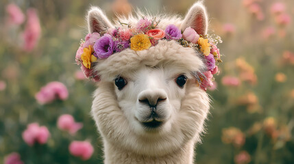 Fototapeta premium Cute fluffy white alpaca wearing a crown of colorful flowers, adorable animal portrait in a flower field, whimsical spring concept, Generative AI