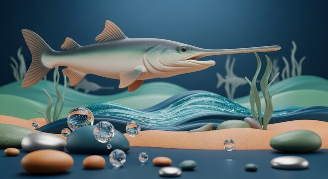 3D illustration of paddlefish celebrating National American Paddlefish Day