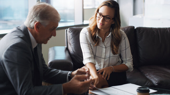 Attorney, paralegal and meeting in office with paperwork, manager advice and talk for court case report. Lawyer, people and discussion in firm with lawsuit administration, document and collaboration.