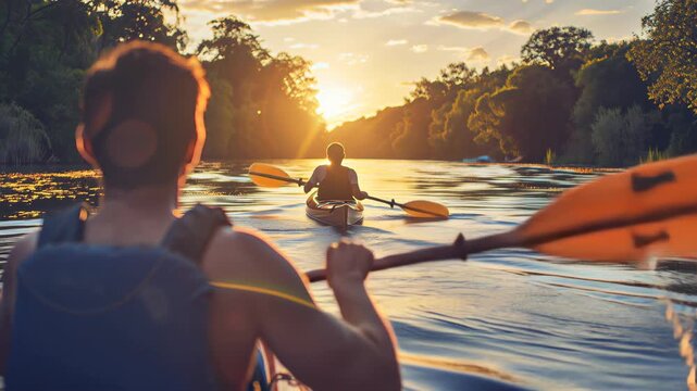Close up of two men rowing on a serene lake, showcasing teamwork and outdoor adventure