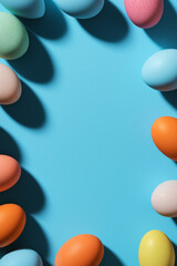 Obraz premium Vibrant easter eggs arranged playfully on a bright turquoise background for a charming spring celebration Generative AI
