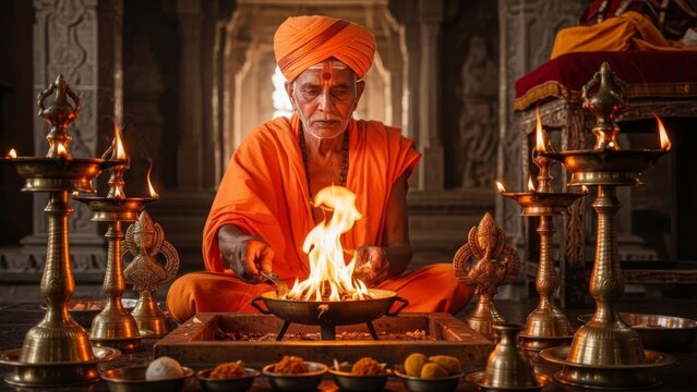 Elderly Hindu priest in orange robes performing Havan ritual with fire and lamps inside an ancient temple