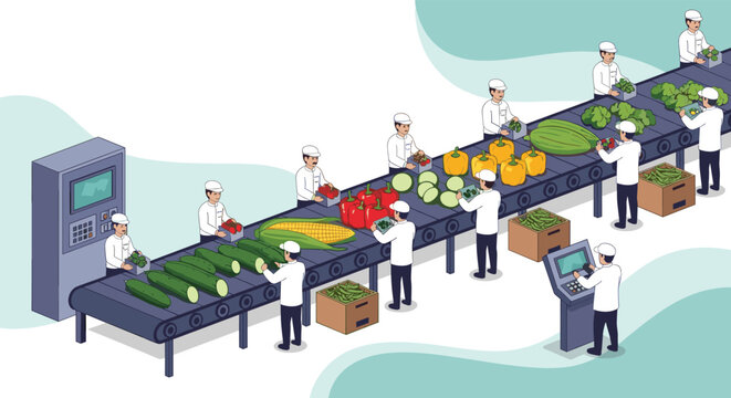 Workers in white uniforms sorting and packing fresh vegetables like cucumbers, peppers, and corn on a conveyor belt in an industrial factory.