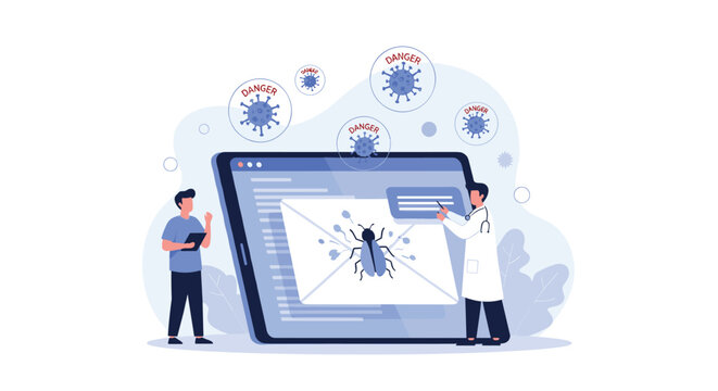 IT professionals and a doctor examining a large computer virus bug on an email message to represent cybersecurity and data protection.