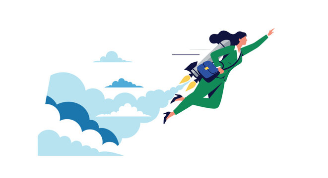 Ambitious businesswoman in a green suit flying through the sky with a rocket backpack representing high speed career growth and success.