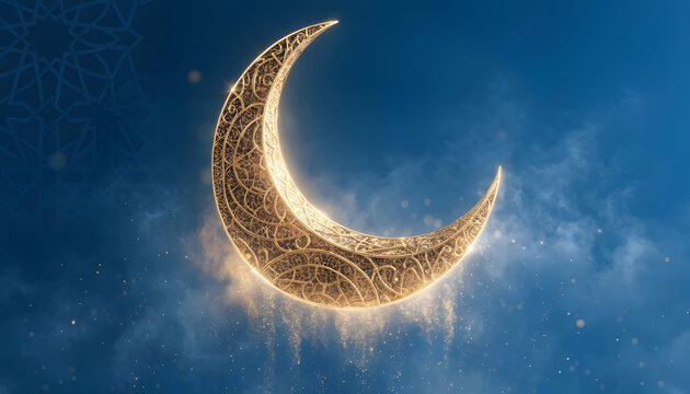 A crescent moon illustration set against a deep blue sky, evoking a sense of spirituality and peace. The intricate details of the moon add an element of artistry.