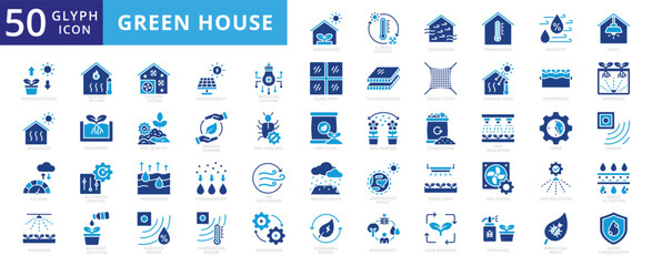 Fototapeta premium green house icon set with automation, solar energy, technology adoption, artificial intelligence, crop rotation, pesticides, beneficial insect, pollination, aeroponic, polycarbonate