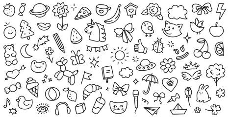 Funny hand drawn doodles background. Ink drawing with kids style. Birds, flowers, sweets, animals, fast food. Vector illustration isolated on white background. © Katerinjiyuu