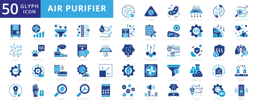 air purifier icon set with harmful substances, volatile organic compounds, infrared sensor, quiet operation, hepa filter, airflow, air quality, dehumidifier, dust remover, energy efficiency