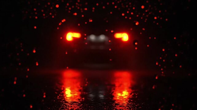 Car driving away in heavy rain at night with red taillights glowing through falling water drops, creating dramatic cinematic atmosphere and mysterious road scene.