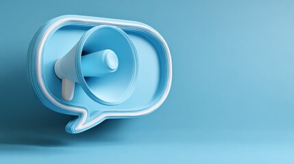 Abstract 3 d rendering of a megaphone within a speech bubble on a blue background