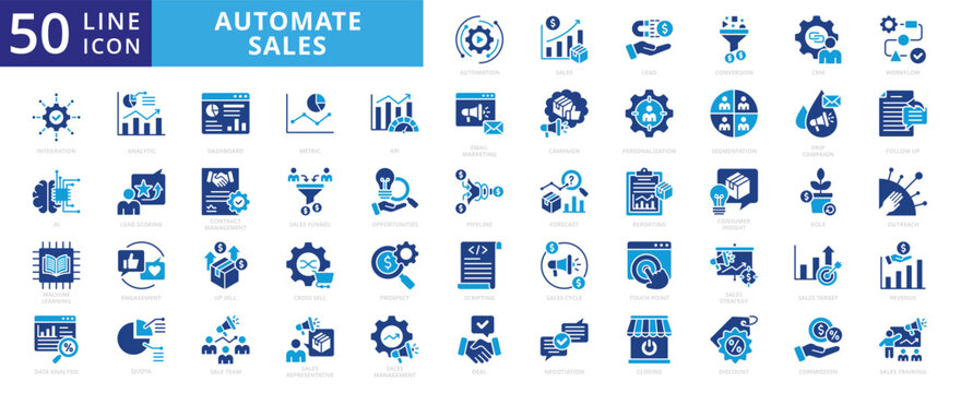 Automate sales icon set flat vector collection. Containing automation, sales, lead, conversion, crm, cycle icons.