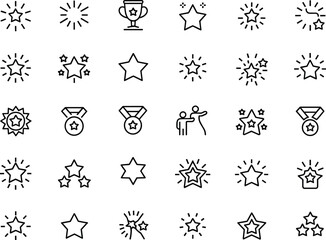 Success and Achievement Vector Icon Set Featuring Shining Stars Winner Trophies Medals and Celebration Symbols for Excellence