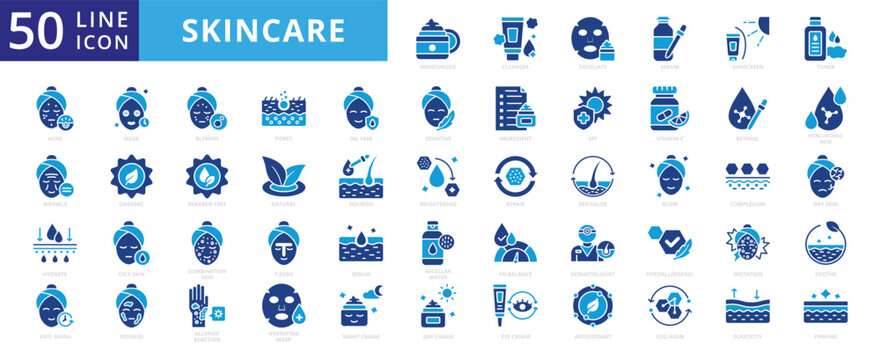 Skincare icon set with moisturizer, cleanser, exfoliate, serum, sunscreen, toner, acne, wrinkle, hydrate and anti aging.