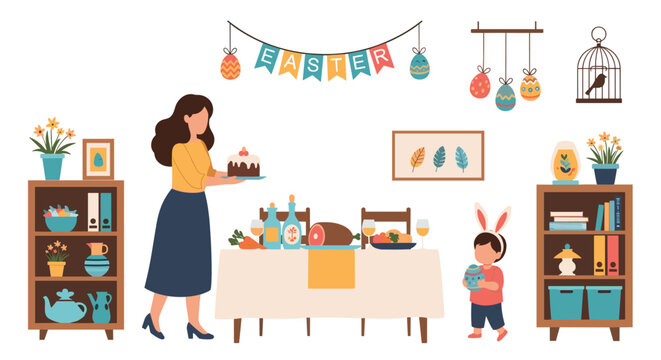 Joyful family Easter celebration with a woman bringing a cake to the dinner table and a child wearing bunny ears.