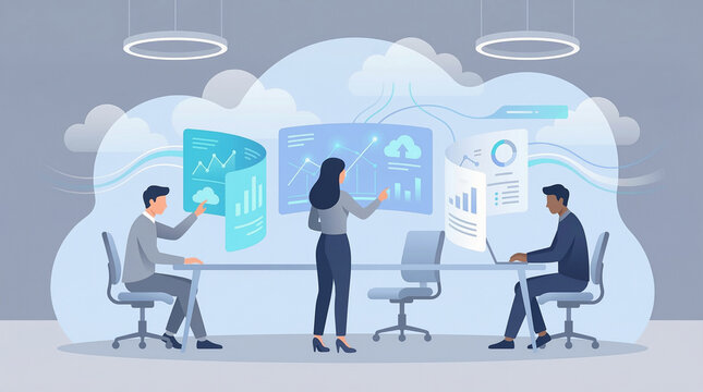 Business meeting with cloud analytics and saas dashboard technology, modern office background illustration