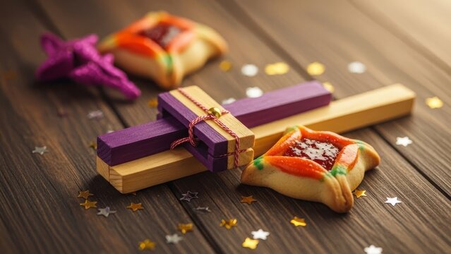 Purim celebration with hamantaschen and gragger on wooden table
