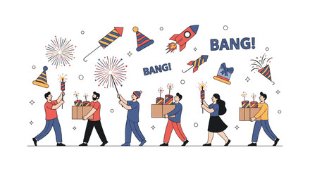 Festive group of people marches forward while setting off various colorful fireworks, rockets, and crackers to celebrate a special event.