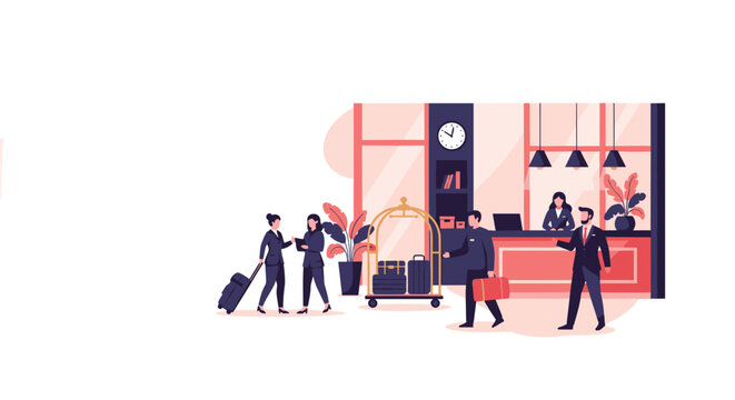 Busy hotel lobby features guests arriving with luggage while professional staff manages the reception desk and bellhop services.