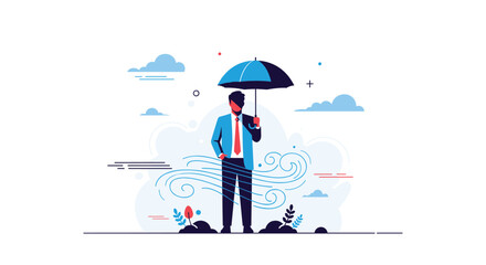 Obraz premium Resilience and protection concept depicts a professional businessman standing firm with a blue umbrella during a windy storm.