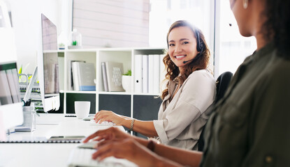 Happy woman, consultant and coworking with headset in office for customer service or online advice....
