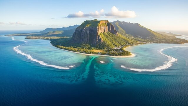 Aerial view of Le Morne Brabant mountain with turquoise lagoon and waves