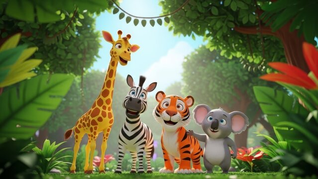 Animated cartoon animals gather joyfully in a lush jungle setting. Cartoon giraffe, zebra, tiger, and koala friends pose together in a vibrant forest.