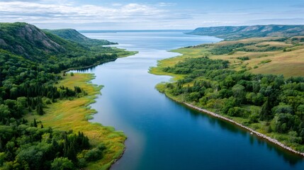 Fototapeta premium River winding through valley with green trees and hills