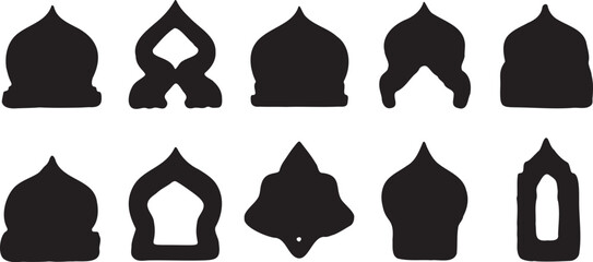 Set of 10 Black Islamic Mosque Dome and Arch Silhouettes Vector Icons for Ramadan, Eid, and Cultural Designs © Asma