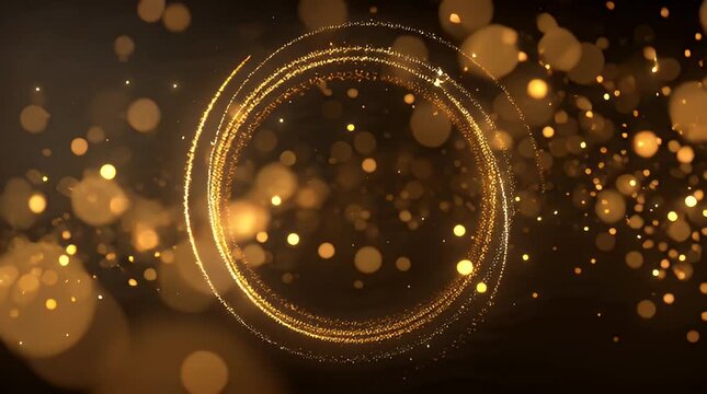 Golden particles dance around a circle on a dark background with bokeh lights shining beautifully outside
