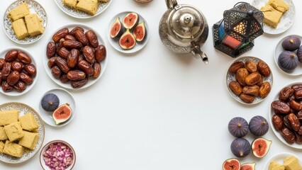 Obraz premium Traditional Middle Eastern Iftar spread with dates, figs, halva, and tea on white table. Ramadan festive background for breaking fast.