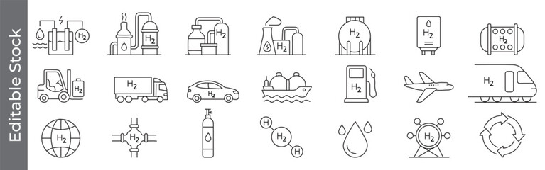 Hydrogen energy and fuel technology icon set – editable outline symbols of H2, electrolysis, storage, transport, fuel cell and sustainability © marufpro555777