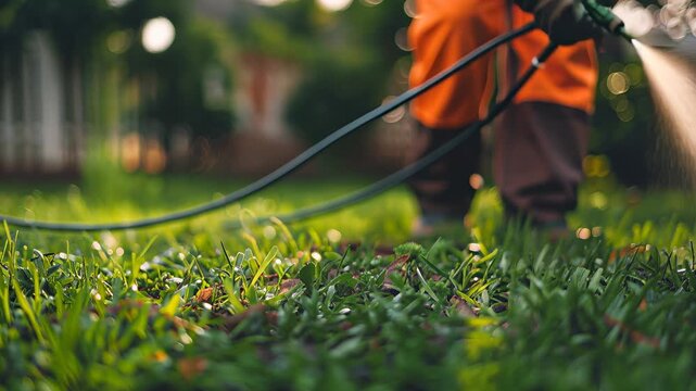 Professional applicator using pest control spray on vibrant green lawn for effective pest management