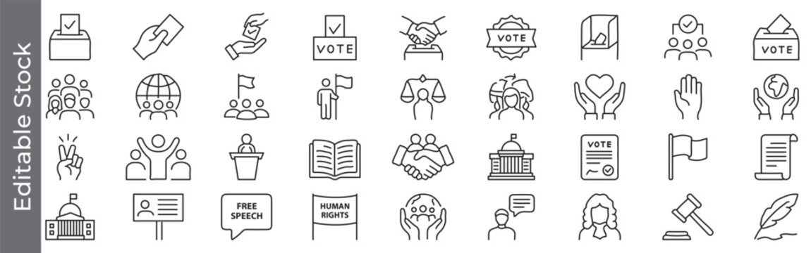 Voting, democracy and human rights icon set &ndash; editable outline symbols of ballot, vote, handshake, flag, speech and law